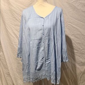 Blair Light Blue Button-Front Crochet-Trim Blouse